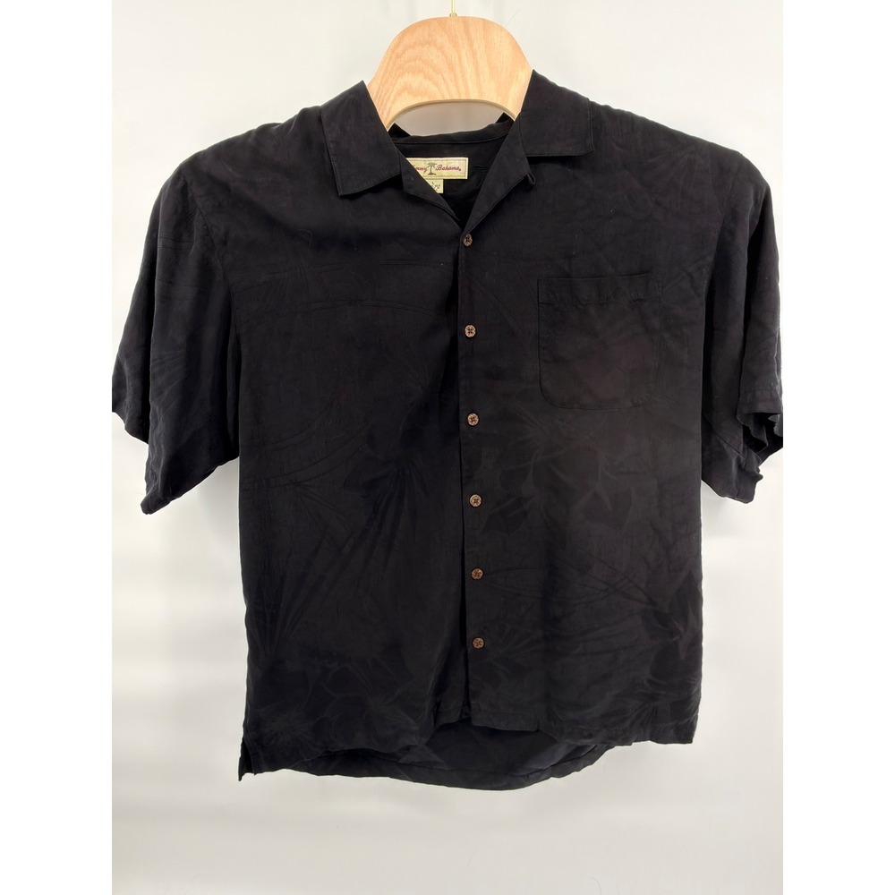Tommy Bahama Men's Black 100% Silk Camp Shirt Button Up Tropical Resort Sz L